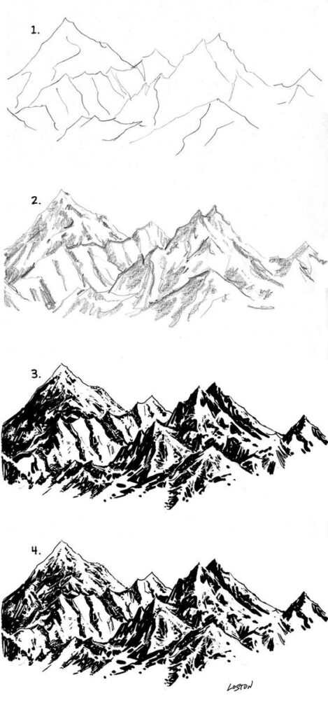 Four stages of a mountain drawing, showing progression from basic outline to detailed shaded illustration.