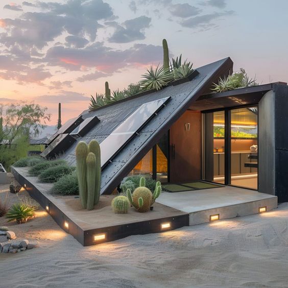 Modern desert house with angular roof, solar panels, and cacti garden at sunset. Sustainable architecture in arid landscape.