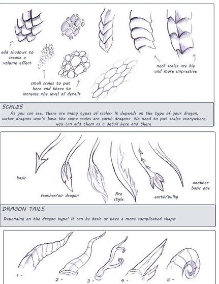 Illustrated guide to drawing dragon scales and tails, demonstrating various styles and details for different dragon types.