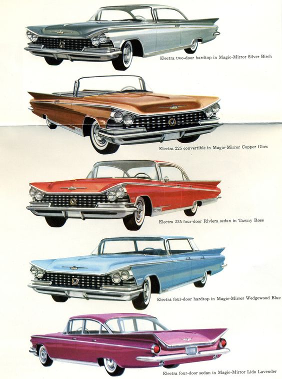 Classic Buick Electra models in various colors: Silver Birch, Copper Glow, Tawny Rose, Wedgewood Blue, Lido Lavender.