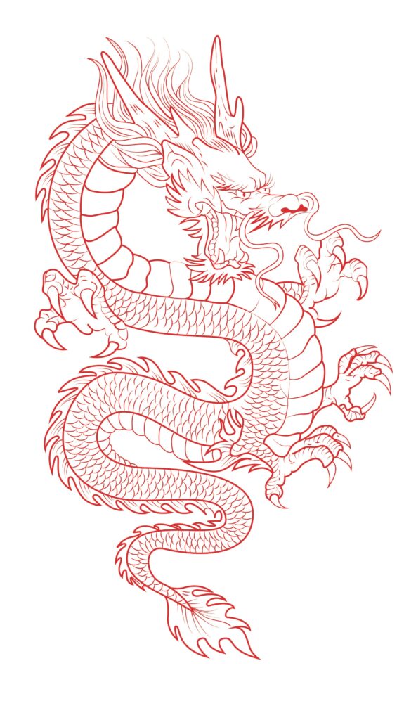 Red line art of a traditional Chinese dragon with detailed scales, fierce expression, and flowing mane, isolated on white background.