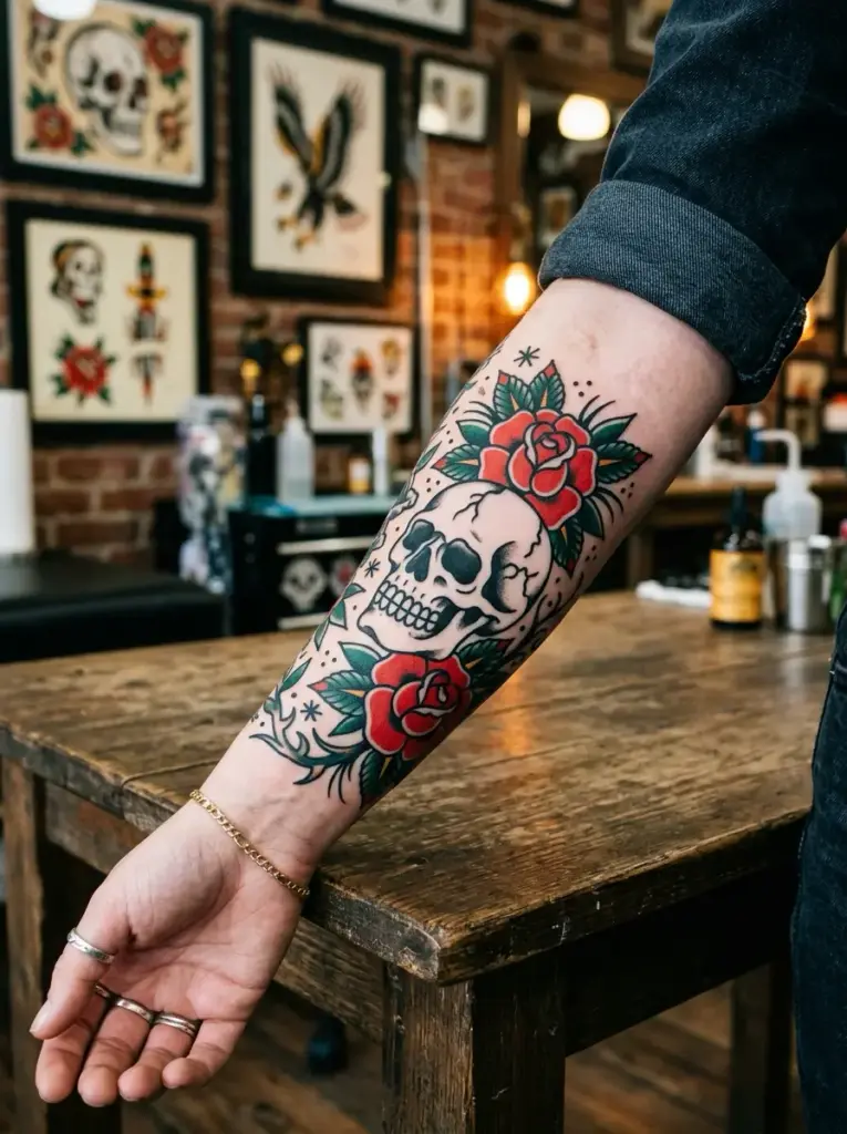 Forearm skull and red rose tattoo, traditional style, photographed in a tattoo studio on a wooden table