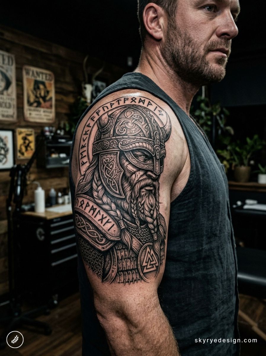 Detailed blackwork Viking warrior tattoo with runes and Valknut on man's upper arm, Nordic helmet and braided beard