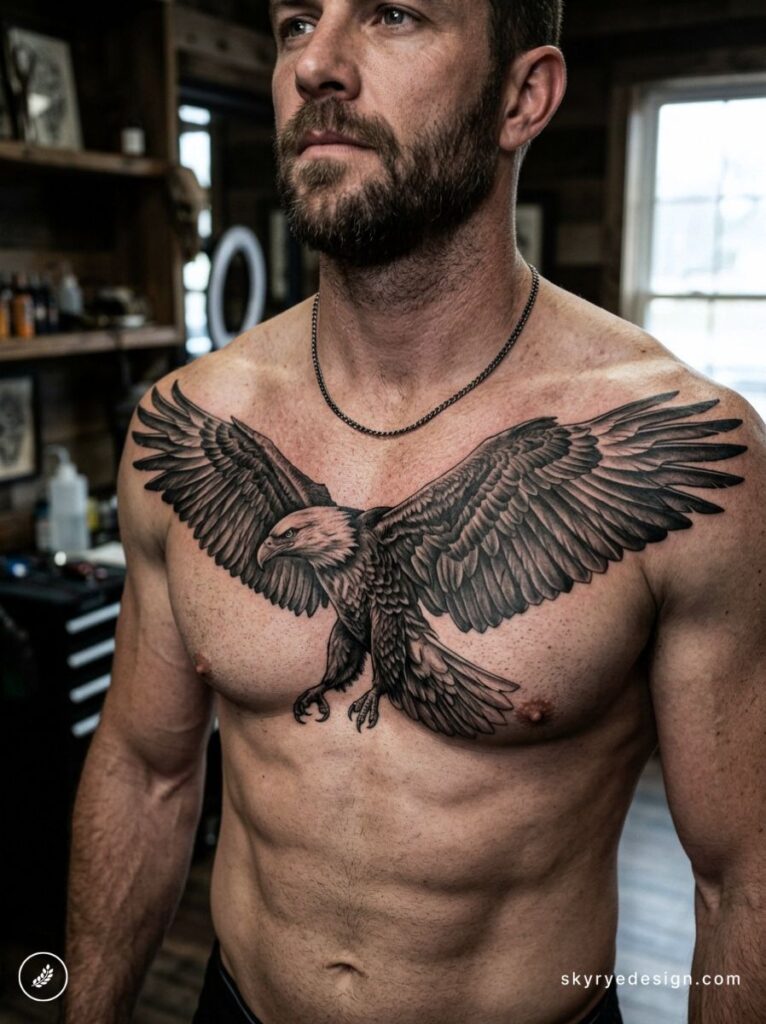 Shirtless man with a detailed black-and-gray eagle tattoo spanning chest and shoulders, wings outstretched