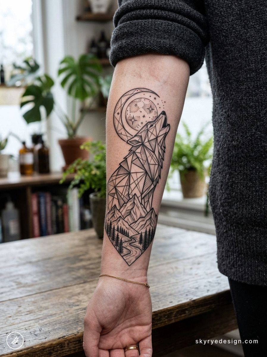 Geometric howling wolf forearm tattoo with crescent moon, stars and mountain landscape with winding river