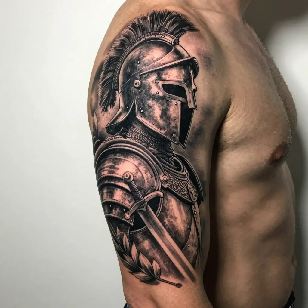Realistic black-and-gray Roman helmet and armor tattoo with sword and laurel wreath on male upper arm