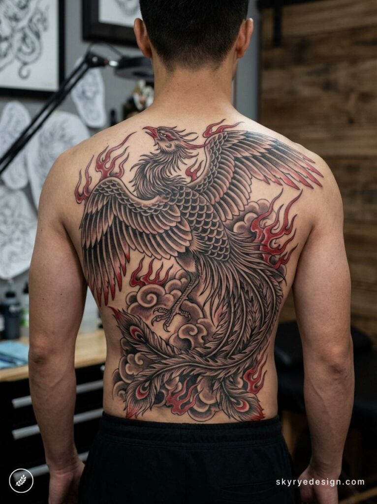Full-back phoenix tattoo backpiece on man's back, black-gray shading with red flames and cloud motifs