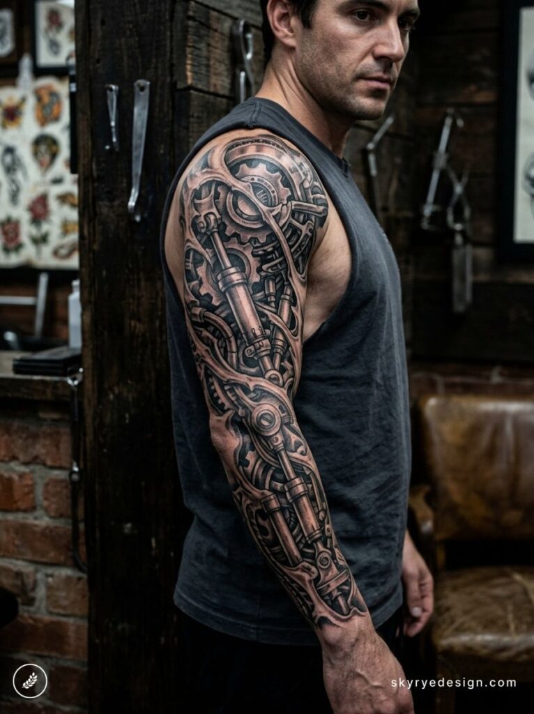 Biomechanical full-sleeve tattoo with gears and pistons on man's arm in a tattoo studio