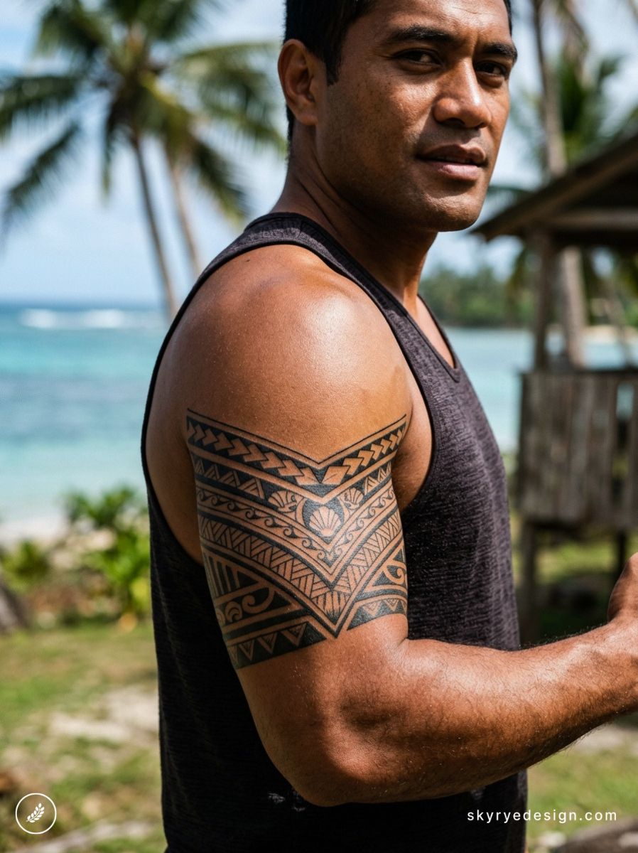 Polynesian tribal upper-arm tattoo on man in tank top at tropical beach with palm trees