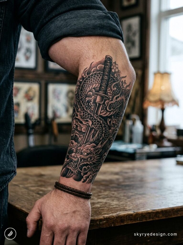 Japanese dragon forearm tattoo with katana, black and grey detailed ink on male arm in tattoo studio