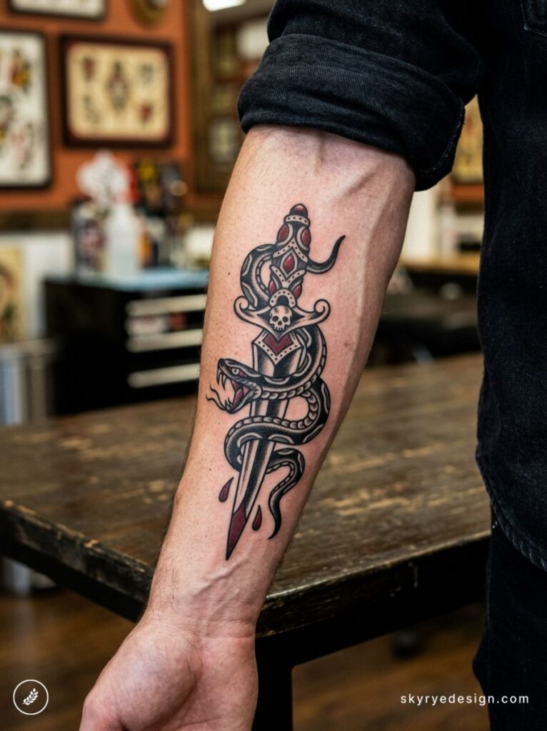 Black-and-red traditional forearm tattoo of a dagger pierced by a coiled snake with skull motif and blood drops