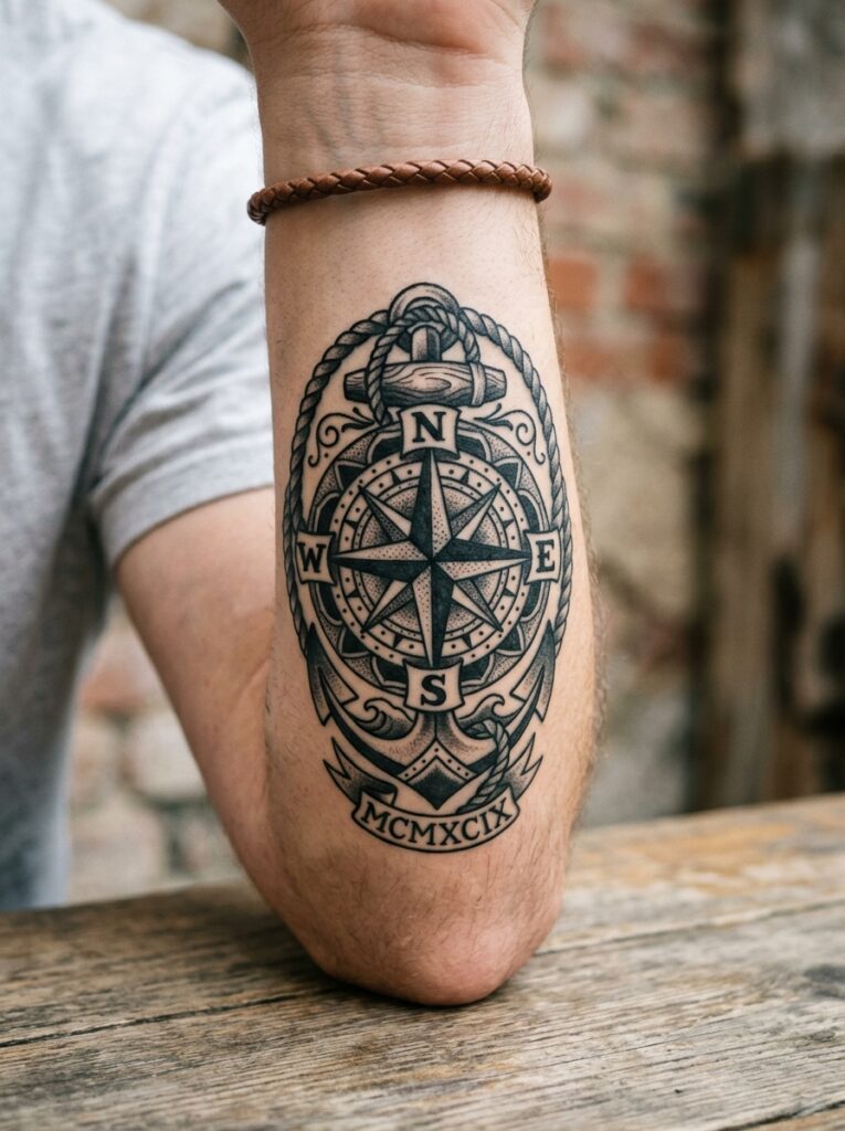 Compass forearm tattoo blackwork - nautical rope design with N/E/S/W and Roman numerals MCMXCIX