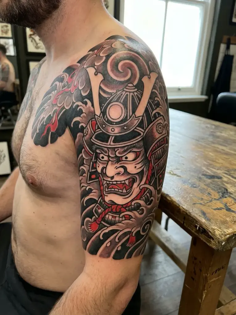 Traditional Japanese samurai mask half-sleeve tattoo in black and red with dynamic waves and swirling patterns