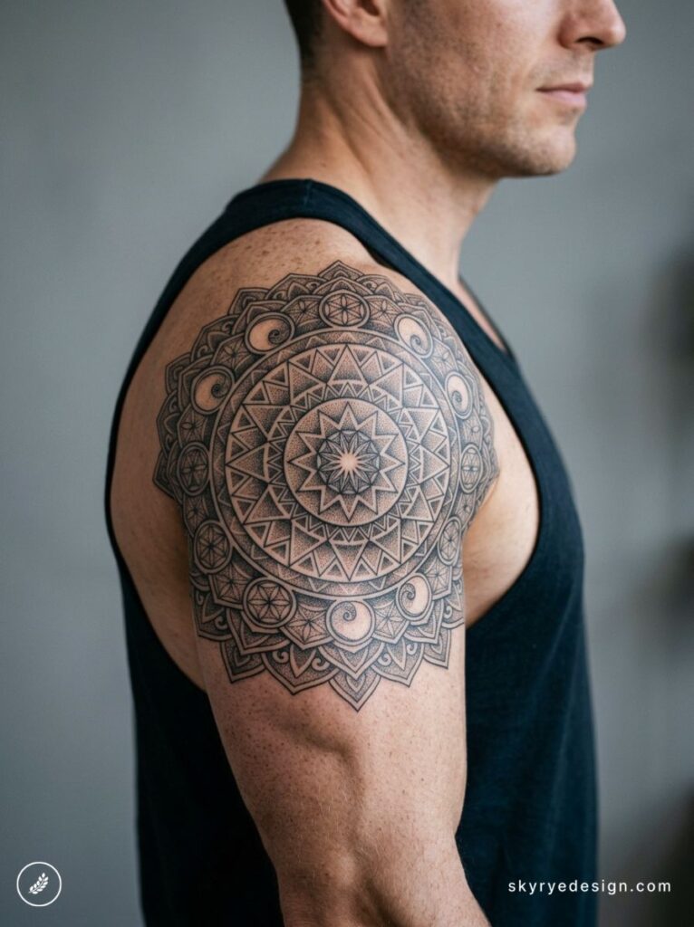 Black geometric dotwork mandala tattoo covering man's shoulder and upper arm, intricate black-ink ornamental design
