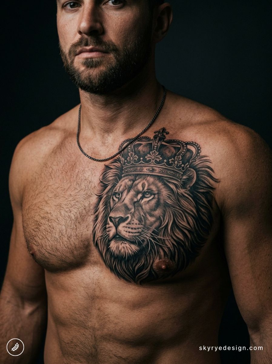 Crowned lion chest tattoo on shirtless man, realistic black and gray left pectoral tattoo with detailed mane and crown