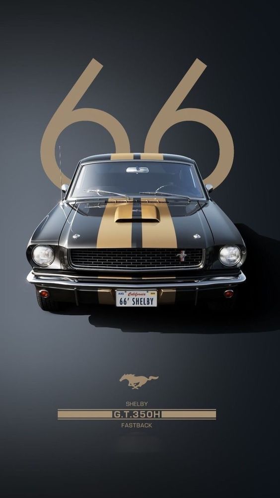 Front view of a black 1966 Shelby G.T.350H Fastback with gold racing stripes and 66 in the background.