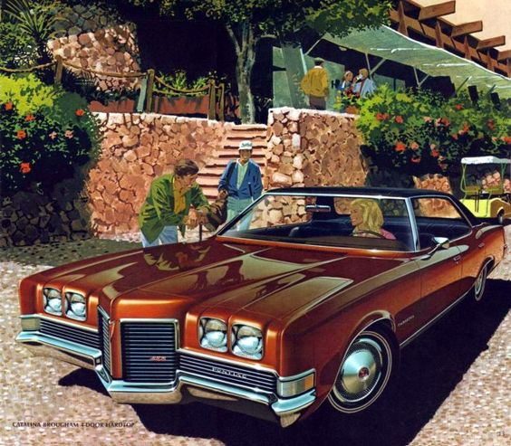 Vintage car illustration of a 1970s Pontiac Catalina Brougham parked outside a stone villa with two men and a woman.