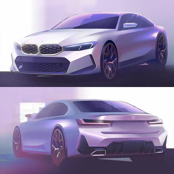 Conceptual design of a sleek, futuristic BMW sedan, showcasing front and rear views with innovative styling.