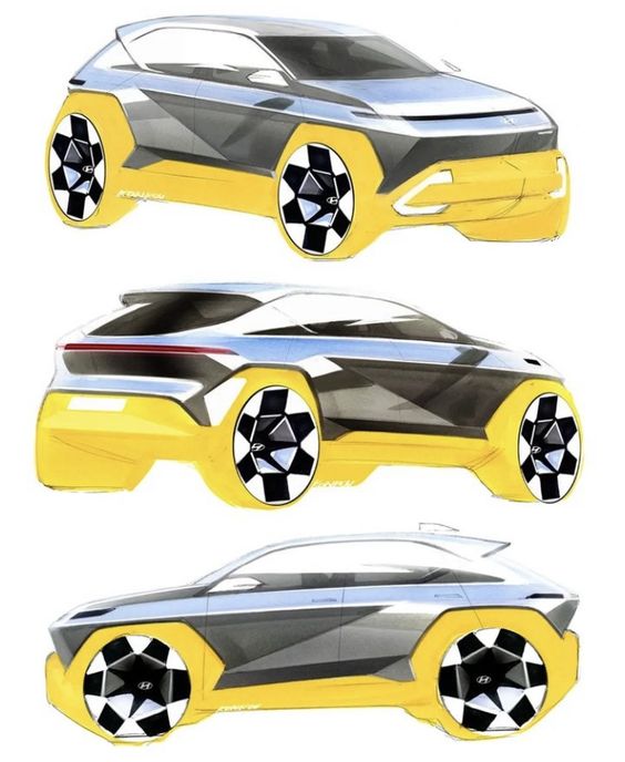 Concept car design sketches showcasing a modern SUV with bold yellow accents and futuristic wheels.