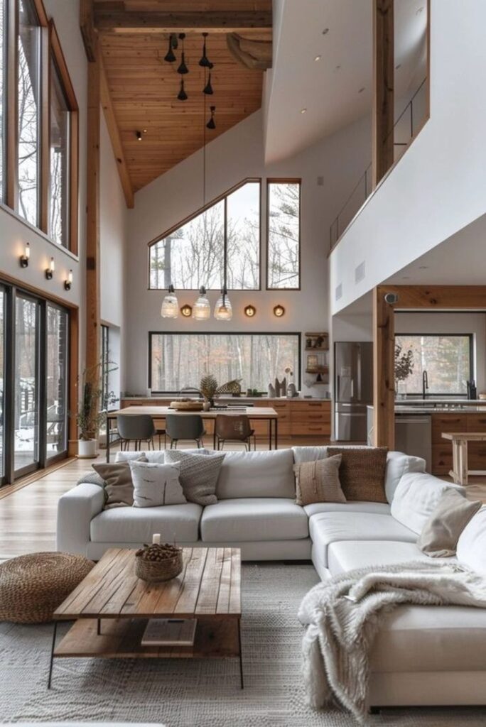 Modern living room with high ceilings, large windows, cozy sectional sofa, wooden accents, and contemporary kitchen in background.