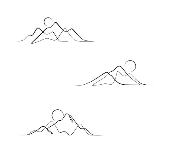 Minimalist mountain line art with circular sun in various positions, perfect for travel and nature-inspired designs.