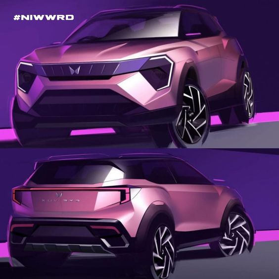 Futuristic pink SUV concept car with sharp angles and a sleek design, illustrated in a vibrant, purple backdrop. #NIWWWRD