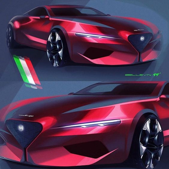 Concept design of a sleek red sports car with Italian flag detail and futuristic features, showcasing modern automotive aesthetics.