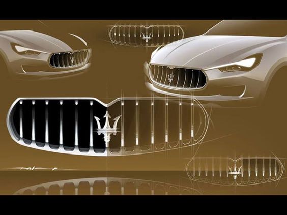 Concept design sketches of luxury Maserati cars showcasing front grilles with trident logos on a brown background.