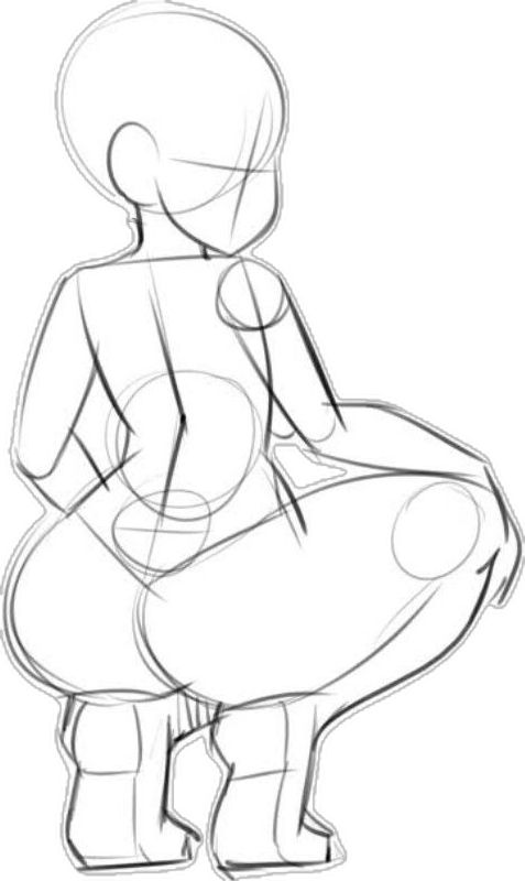 Sketch of a person in a squatting pose, focusing on the basic anatomical structure and proportions for drawing practice.