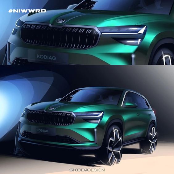 Green Skoda Kodiaq SUV concept rendering in futuristic design, showcasing sleek headlights and modern grille.