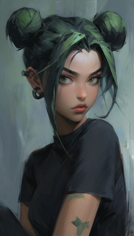 Artistic illustration of a girl with green space buns, tattoos, and a black shirt, showcasing edgy and modern fashion.