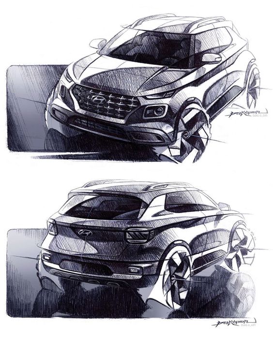 Sketch of a sleek modern SUV design, showcasing the front and rear views with detailed styling elements.