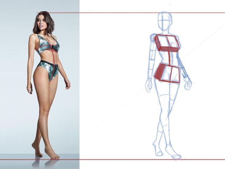 Woman modeling in a green bikini next to a fashion figure sketch showing proportional blocks for garment design illustration.