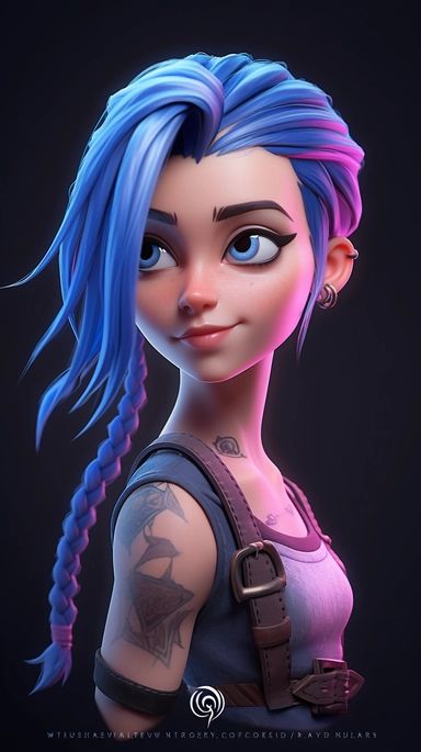 Animated character with blue braided hair, tattoos, and pink accents, wearing a tank top, showcasing a unique and vibrant look.