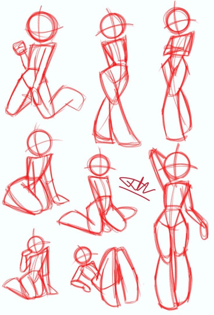 Red sketch figure drawing references showing various human poses for artists.