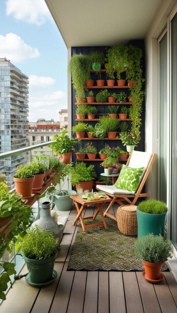 Modern balcony with vertical garden, potted plants, and cozy seating area, perfect for relaxing amidst lush greenery.