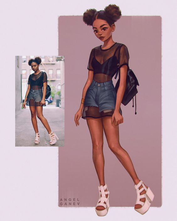 A stylish woman in a sheer mesh top, denim shorts, and white sandals with a black backpack, next to her animated likeness.