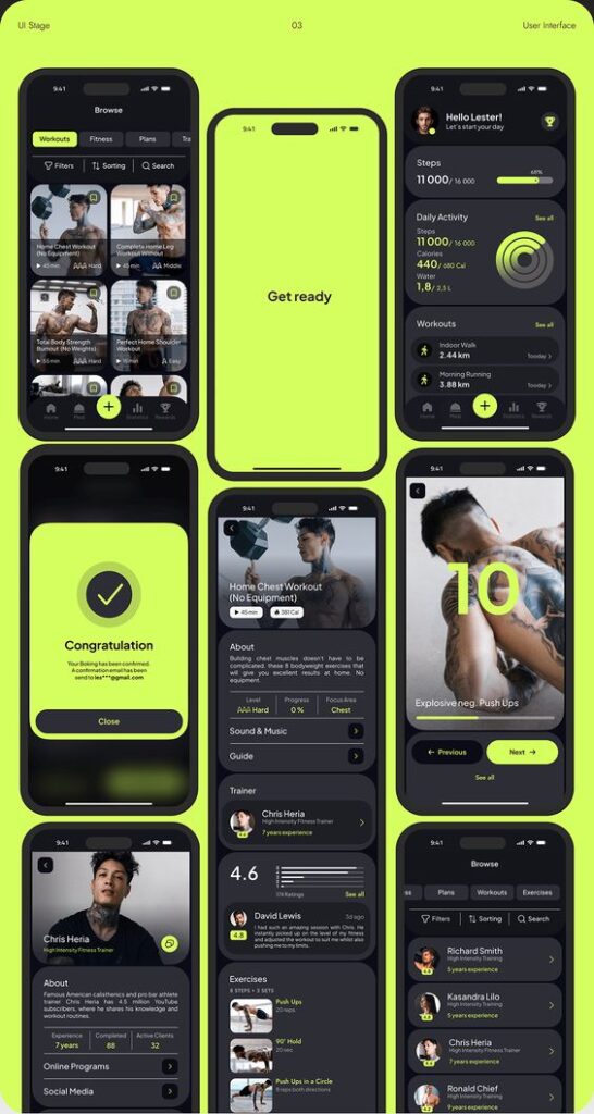 Fitness app UI/UX interface with workout plans, progress tracking, daily activity, and detailed trainer information on neon theme.