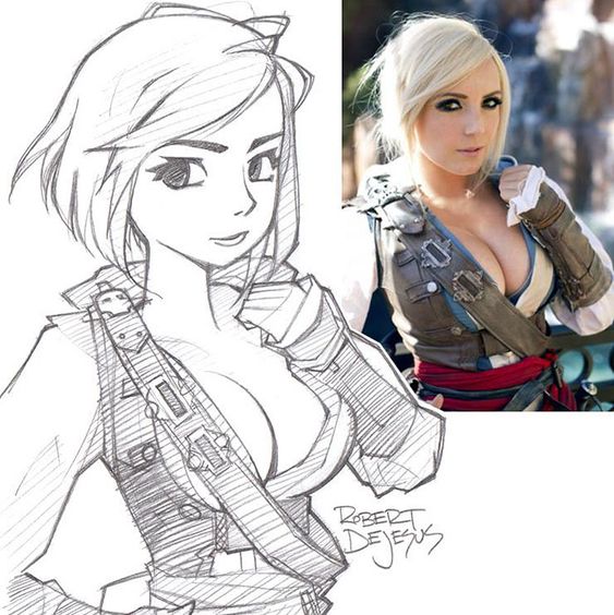 Anime-inspired sketch and realistic portrait of a female character in adventure costume by artist Robert DeJesus.