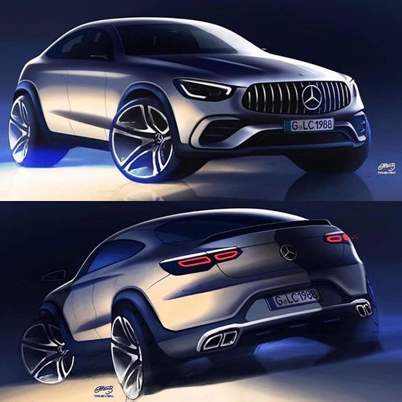 Concept art of a futuristic Mercedes-Benz SUV with sleek design, prominent grille, and innovative lighting from front and rear views.