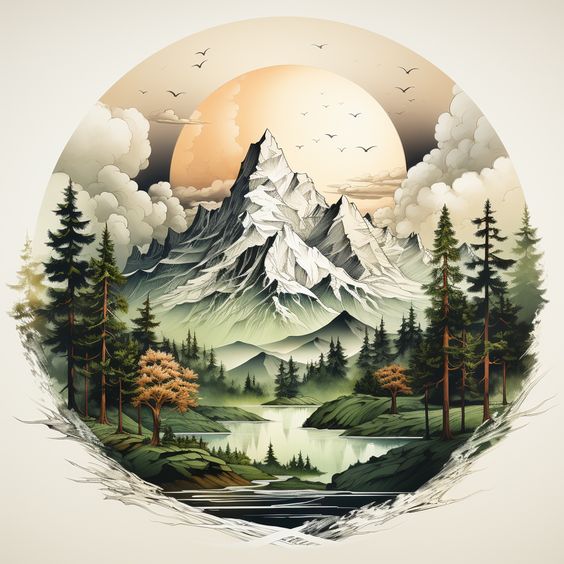 Illustrated mountain landscape with trees, cloudy sky, and birds flying. Scenic nature art with sun rising behind the peaks.