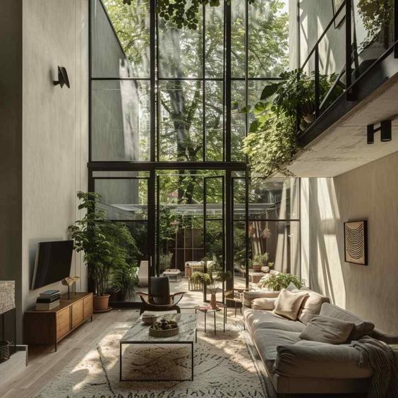 Stylish living room with floor-to-ceiling windows, lush indoor plants, and modern furniture, offering a serene view of greenery.