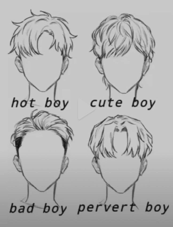 Illustrated faces with hairstyles labeled hot boy, cute boy, bad boy, and pervert boy in a fashion sketch style.