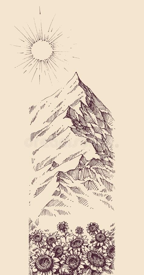 Vintage mountain illustration with blooming flowers and a bright sun on the horizon. Hand-drawn nature art piece.