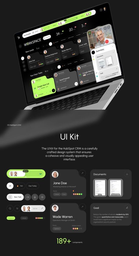 Laptop screen displaying HubSpot CRM UI Kit with various task management and user profile elements for a cohesive user interface.