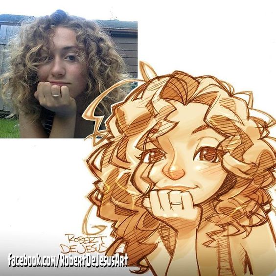 A woman with curly hair and hand on chin alongside its artistic drawing by Robert DeJesus Art on Facebook.