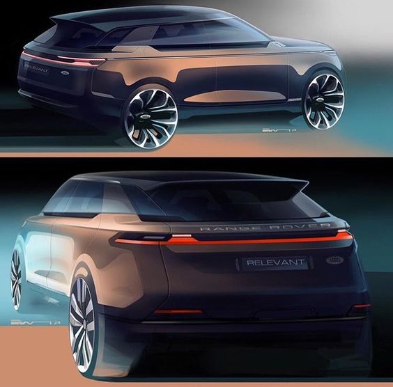 Concept design sketches of a Range Rover SUV, showcasing a sleek, modern exterior with futuristic lighting.