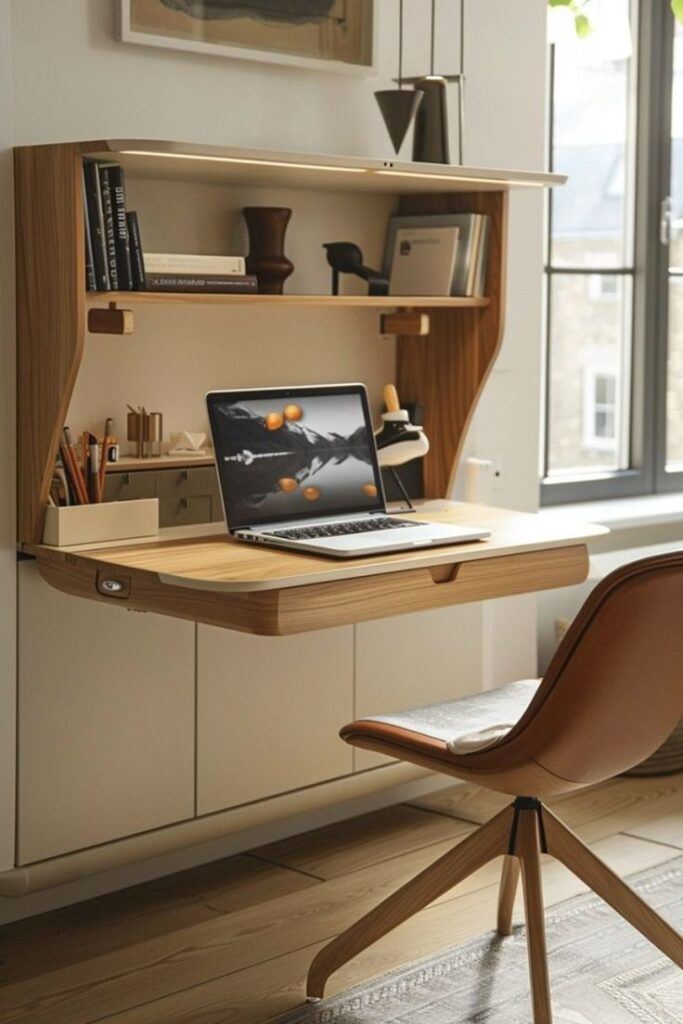 Modern home office setup with a wooden floating desk, laptop, office supplies, and stylish chair by a window.