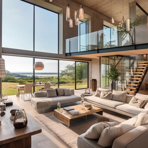 Modern living room with large windows, open loft space, contemporary furniture, and scenic outdoor view.