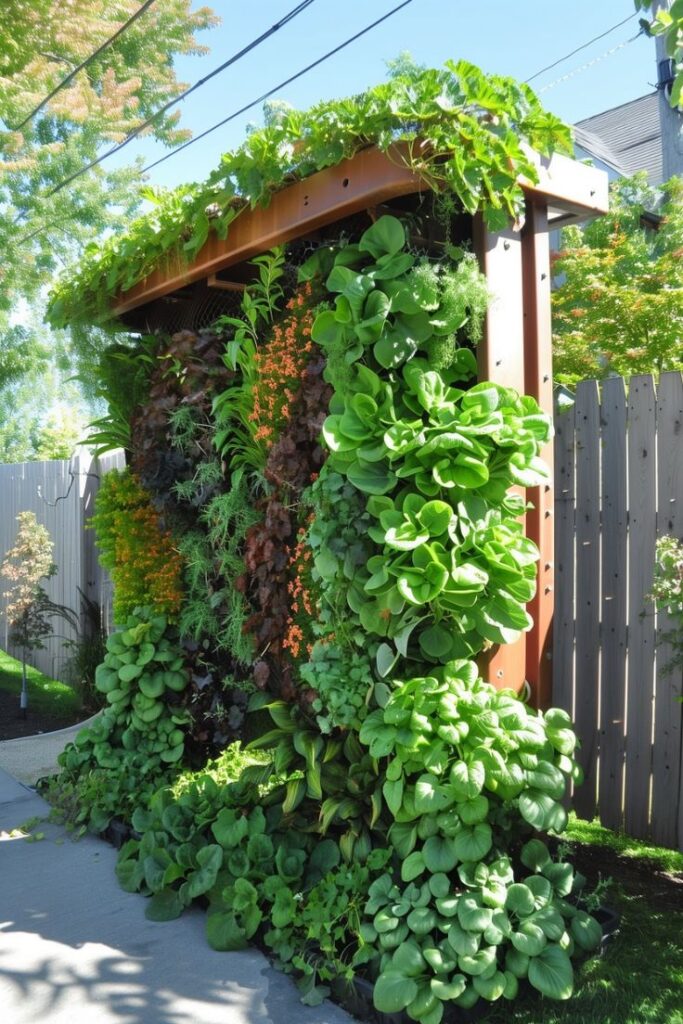 Vertical garden display with lush, green foliage and colorful plants in a backyard on a sunny day, surrounded by a fence.